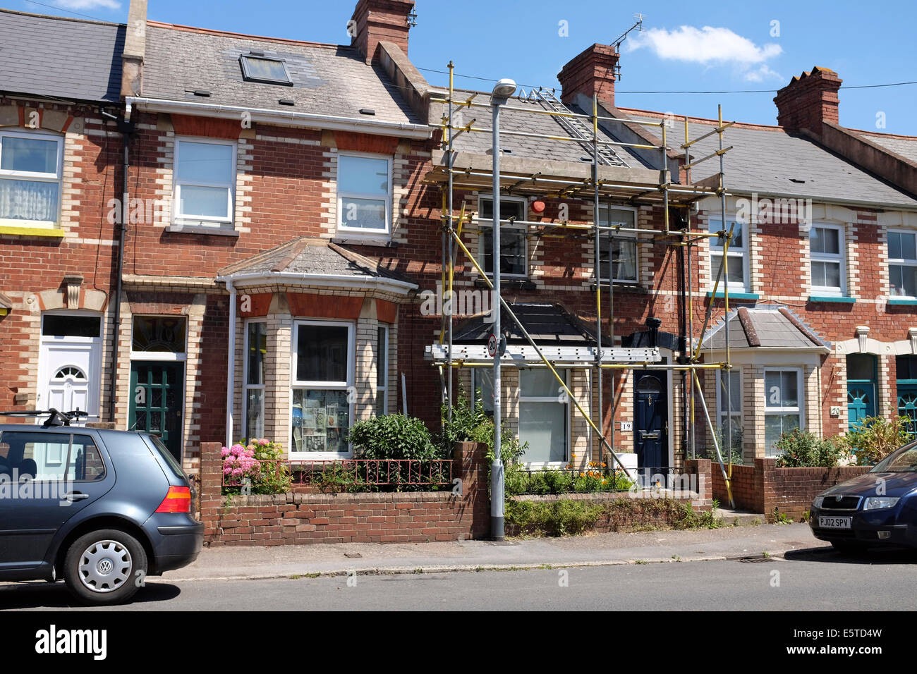 Roof scaffolding on UK terrace house